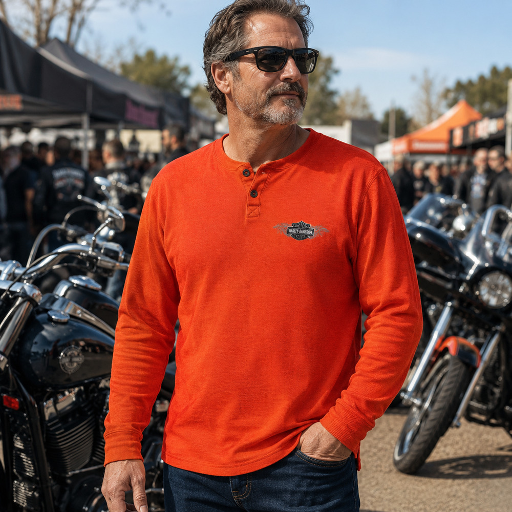 Harley Davidson Mens L Orange Henley Shirt Long Sleeve Aces & Eights Mason OH